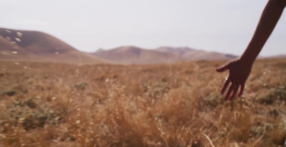 A slow-motion close-up follows a person's hand as it gently glides through a field of dry, golden grass with rolling hills in the distance