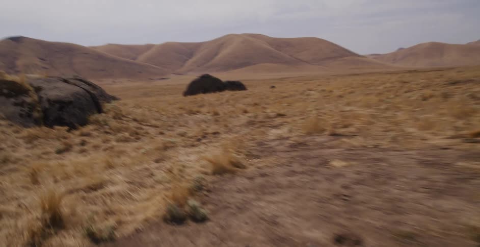 A woman with a camera runs with joy through a vast, dry landscape and stands triumphantly on a large rock with her arms outstretched