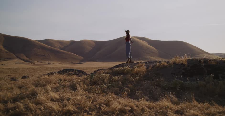 A woman in a sun hat stands on a windy hill overlooking a vast golden landscape, stretching her arms wide to embrace the view