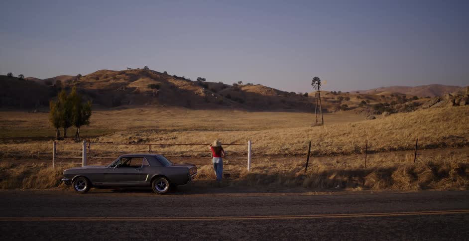 A woman in a classic Mustang pulls over on a country road to take in the serene golden landscape with a distant windmill