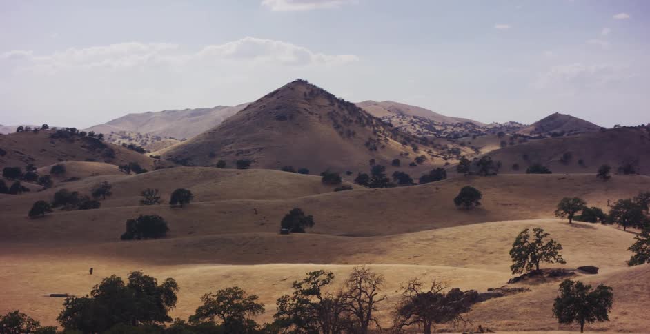 A drone shot slowly reveals a vintage car parked alongside a winding country road that cuts through vast, golden rolling hills
