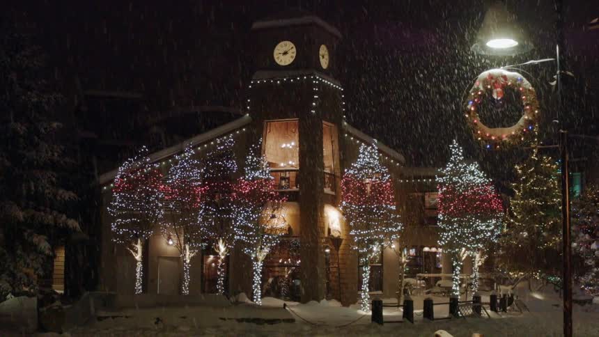 A house is heavily decorated with christmas lights at night as it snows