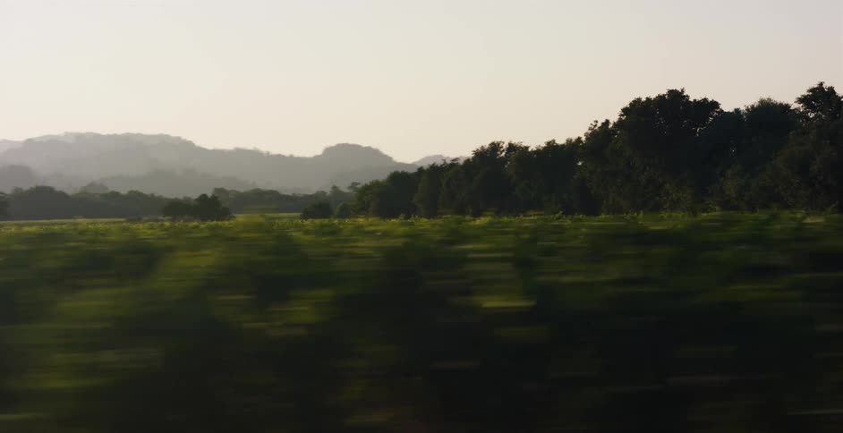 A scenic drive through wine country reveals a sprawling vineyard with hazy mountains silhouetted against the horizon at sunset