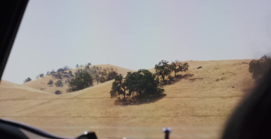 A view from the back of a moving car reveals golden, rolling hills dotted with oak trees on a sunny day