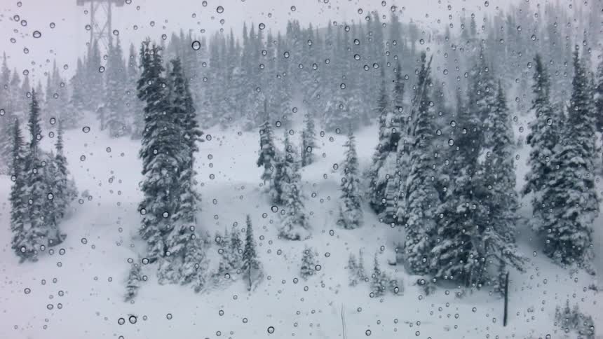 Looking out a water droplet covered window out at a snowy forest