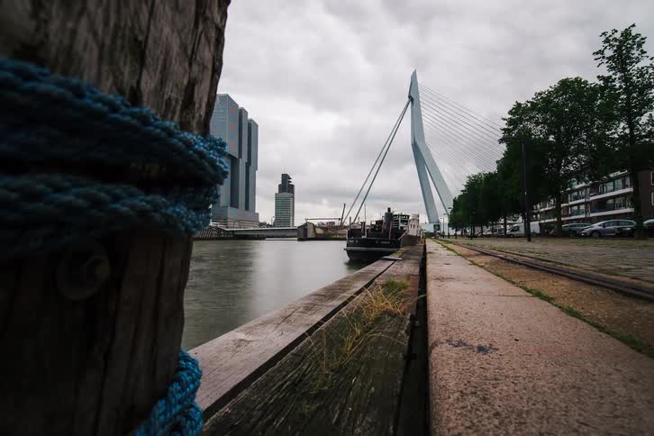 A dynamic time-lapse from a low angle on the Rotterdam quay shows the iconic Erasmus Bridge and modern architecture under a cloudy sky