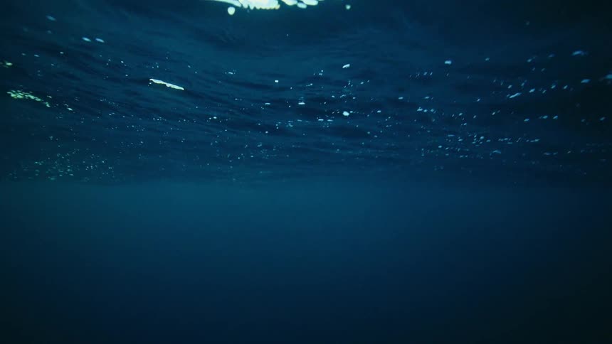 A serene underwater perspective looking up at the sunlit surface of the deep blue ocean