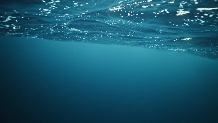 A serene underwater perspective looking up at the shimmering surface of the ocean as sunlight penetrates the deep blue