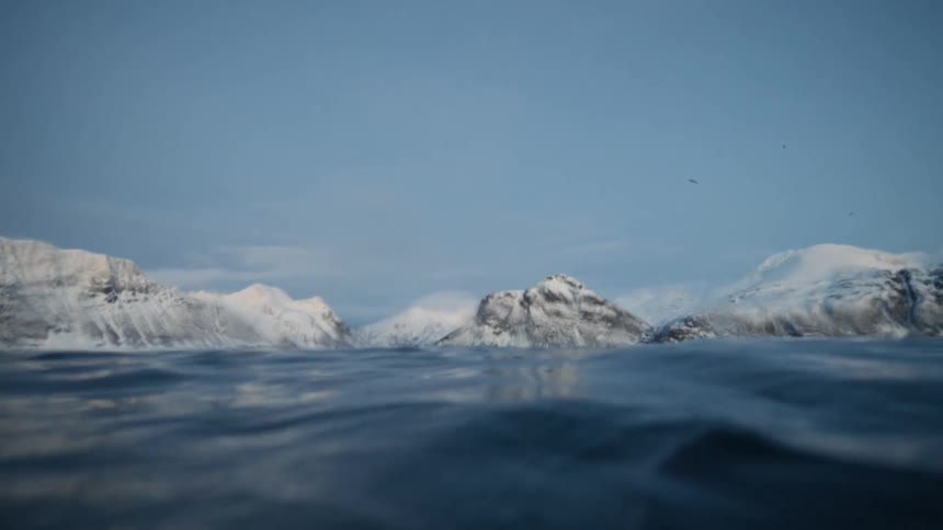 An artistic water-level view slowly reveals a majestic, snow-covered mountain range across a calm arctic sea