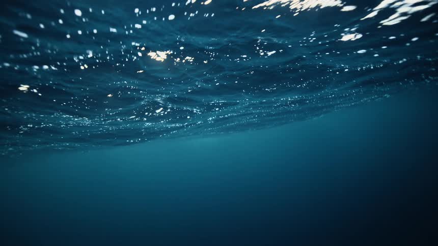 A tranquil underwater perspective captures the shimmering sunlight on the surface of the deep blue ocean