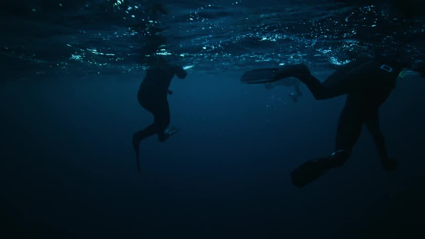 An underwater, slow-motion shot captures a group of divers silhouetted against the surface of the dark blue ocean