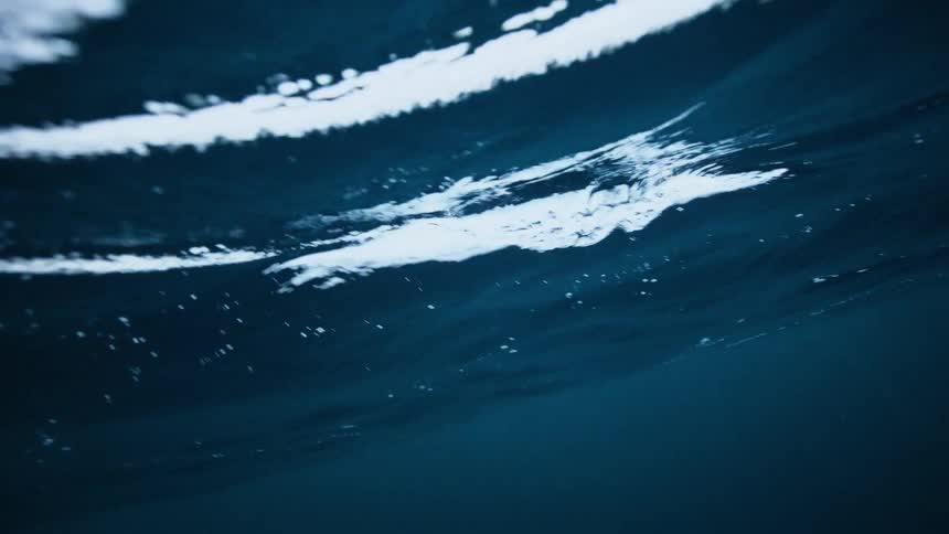 Gazing up from the dark depths, the ocean's surface ripples and sways in peaceful slow motion
