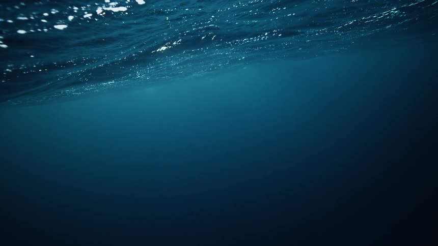 A tranquil underwater view looking up at the gently moving surface of the deep blue ocean
