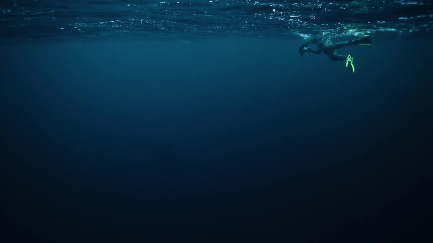 An underwater shot captures a lone snorkeler on the surface of the vast, deep blue ocean as a massive whale swims below