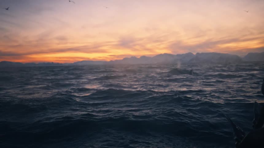 A fantasy vessel sails through a stormy arctic ocean at sunset as majestic whales surface and birds fly overhead