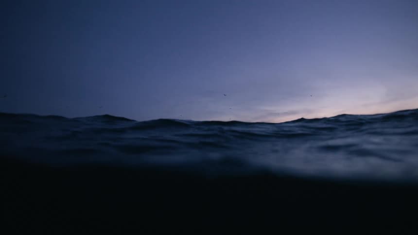 An immersive slow-motion perspective from the dark ocean's surface shows gentle waves rolling as snow-capped mountains loom under a dusky sky