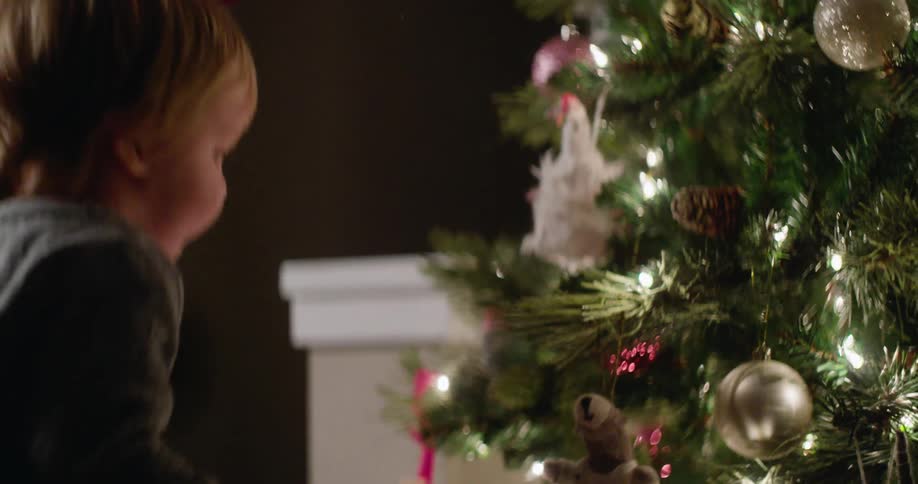 A young boy climbs a step ladder next to a christmas tree
