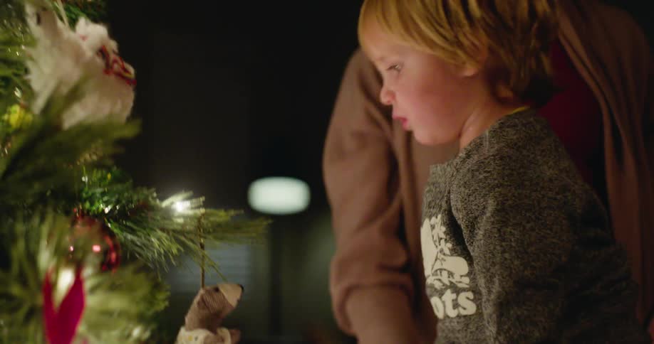 Happy little boy climbing up ladder to look at christmas tree next to mother