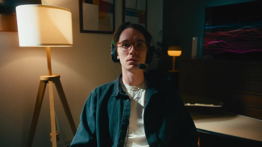 Portrait of a serious young man wearing a gaming headset and holding a controller, looking intently at the camera in a dimly lit room