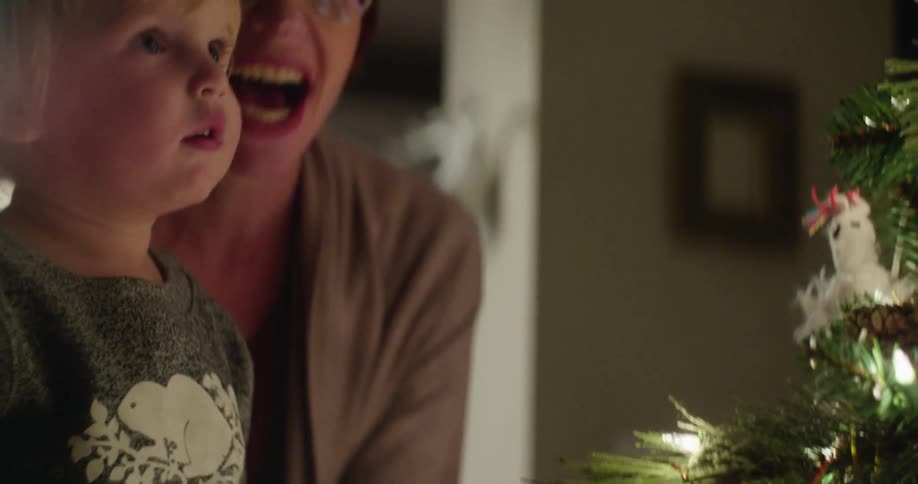 A woman with a child looking at a christmas tree