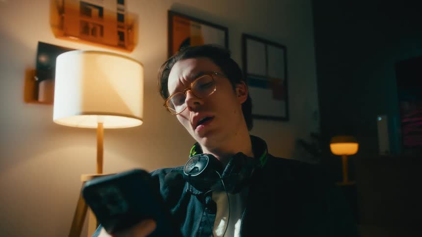A young man with glasses doomscrolls on his phone at night, his expression slowly shifting from surprise to exhaustion