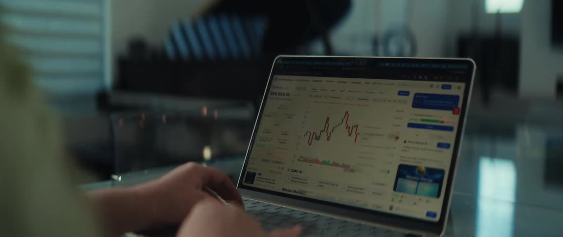 An over-the-shoulder shot captures a financial trader analyzing real-time stock market charts on a laptop