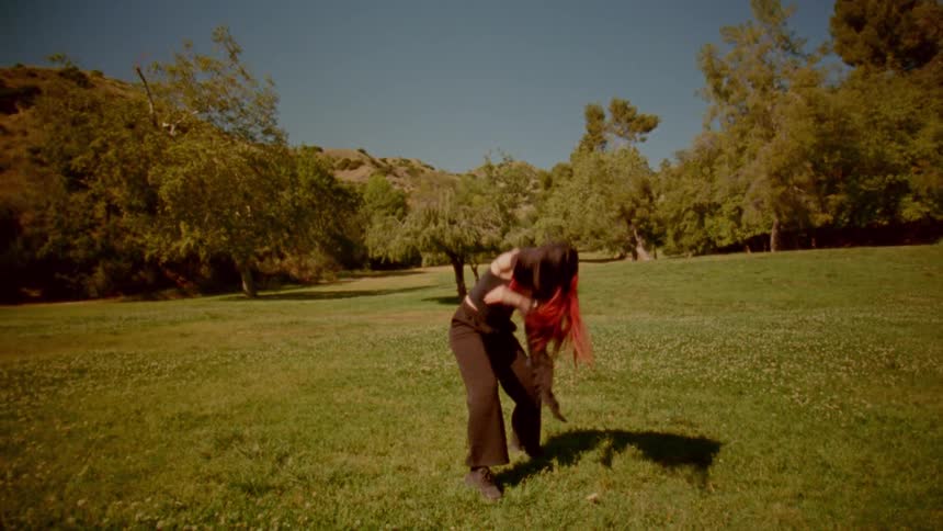 A woman with flowing red hair moves with powerful grace, performing an expressive dance in a sunlit meadow