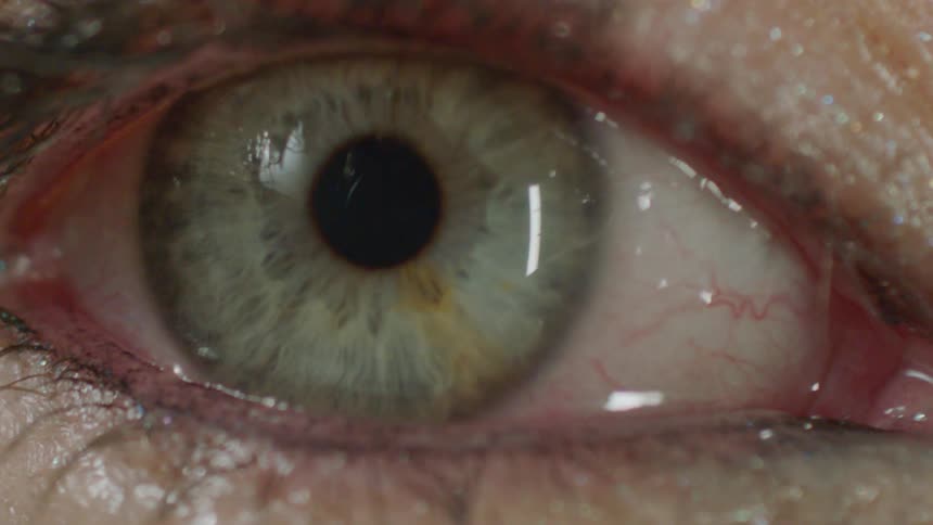 Detailed macro view of a blinking green human eye with shimmering glitter eyeshadow on the eyelid