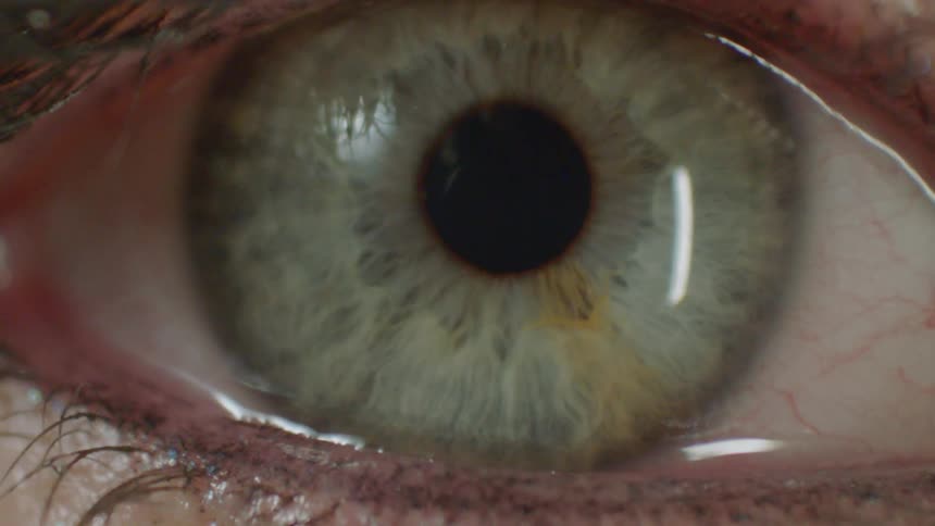 An extreme close-up shot transitions focus from a glittery eyelid to the intricate details of a green human eye
