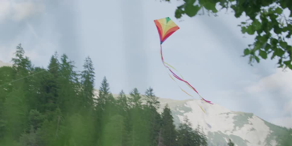 A vibrant rainbow kite soars against a mountain backdrop before getting tangled in the branches of a tree