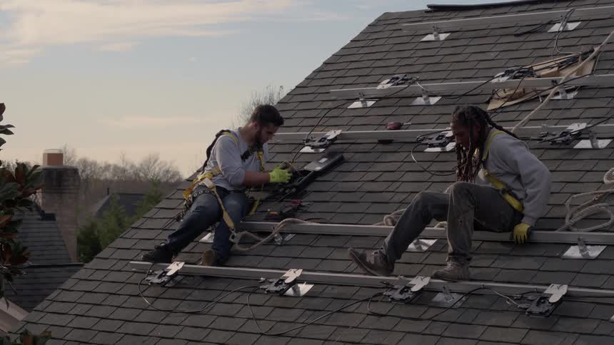 Two men work on a roof