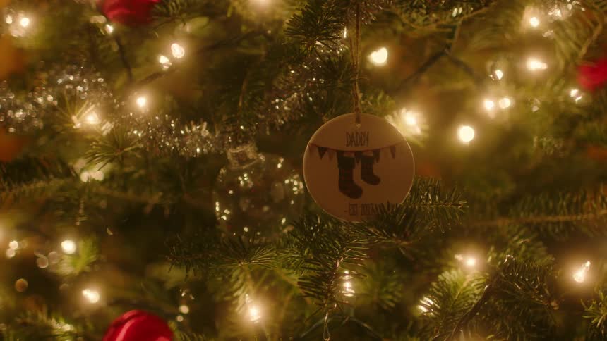 An ornament is hung on a christmas tree