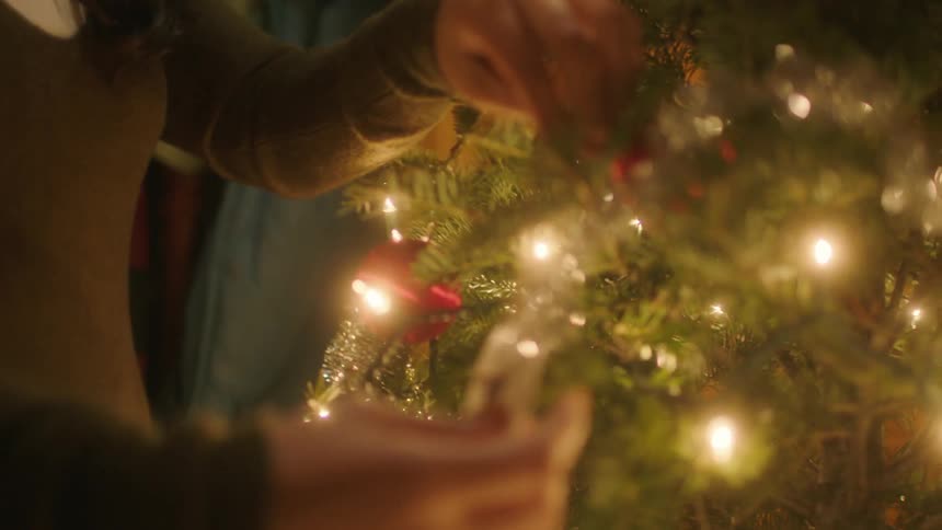 A woman is hanging christmas ornaments from a tree