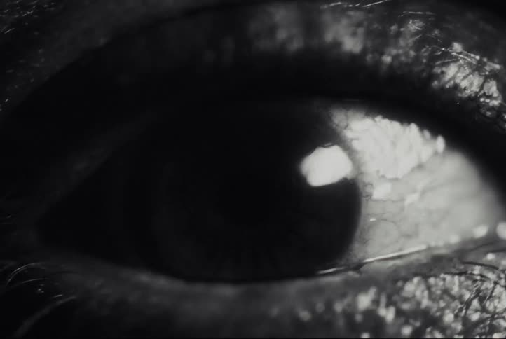 A jarring black and white montage of an extreme close-up of a human eye