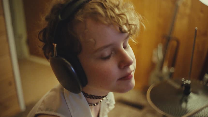 A cool young drummer with curly hair wears headphones and practices on their drum set in a cozy, warm-lit room