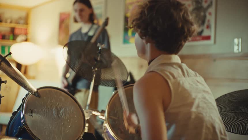 A young drummer with curly hair plays energetically during a band practice session with a guitarist in a cozy, poster-filled room