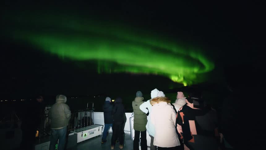 A group of tourists on a boat tour watch in awe as the vibrant green Northern Lights dance across the night sky