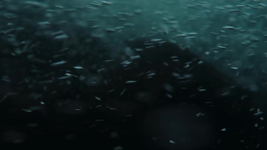 A dynamic slow-motion, first-person view of being submerged in turbulent ocean water, surrounded by countless swirling bubbles