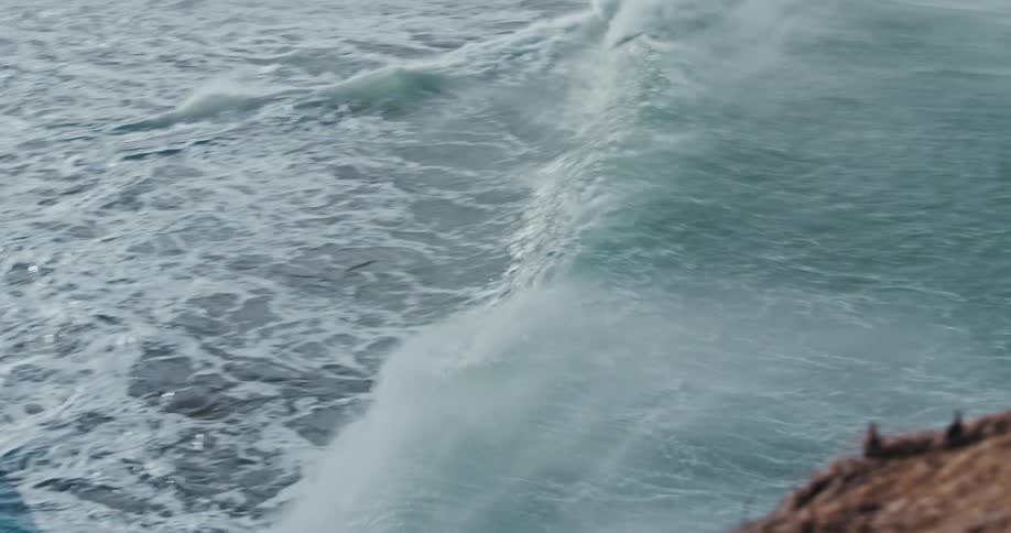 A majestic ocean wave builds in dramatic slow motion before crashing with immense power against a rugged rocky coastline