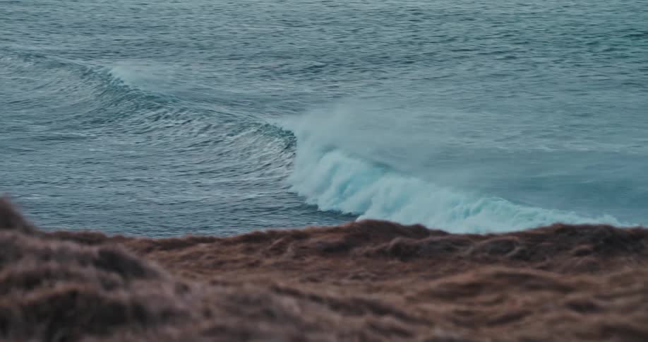 From a grassy bluff, a powerful turquoise ocean wave curls and crashes toward the shore in dramatic slow motion