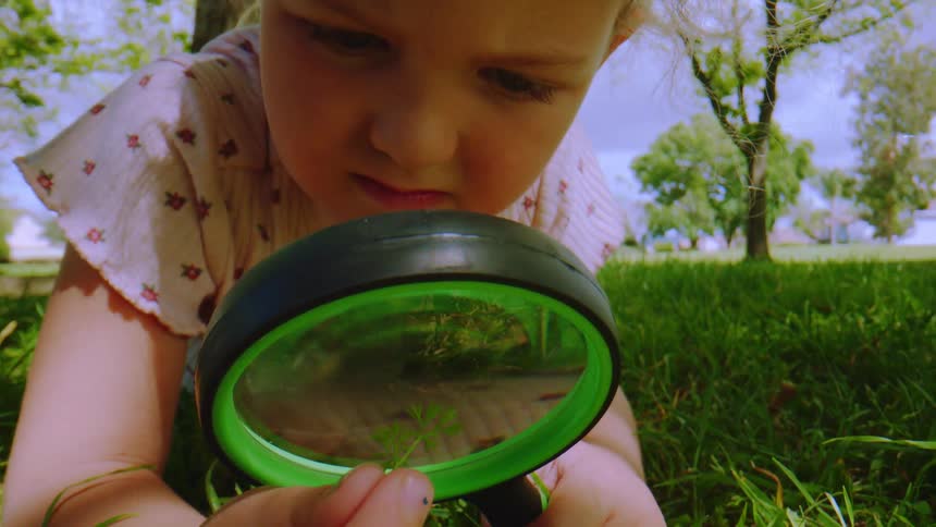 A curious little girl explores nature up close, using a magnifying glass to inspect a tiny plant while lying in the grass