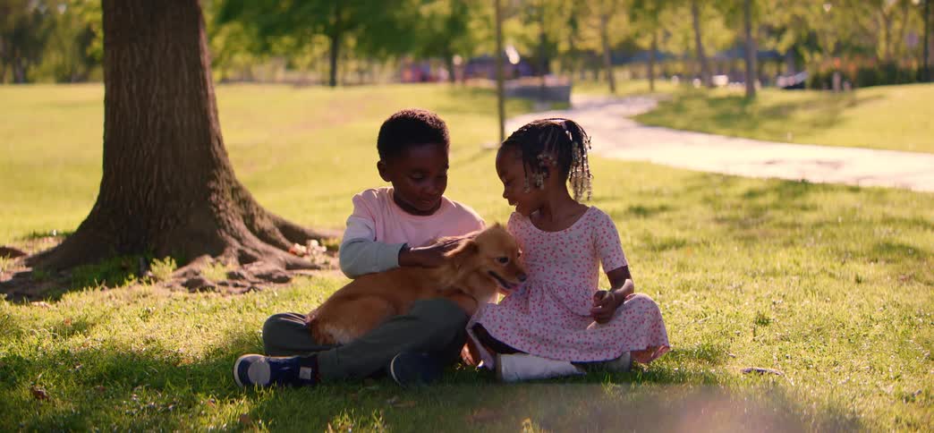 A sweet brother and sister sit together on the grass in a sunny park, lovingly petting and kissing their fluffy little dog