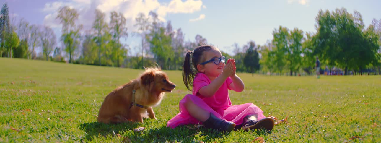 A happy little girl in a pink dress pets her dog, which then licks her face as they sit together in a sunny park