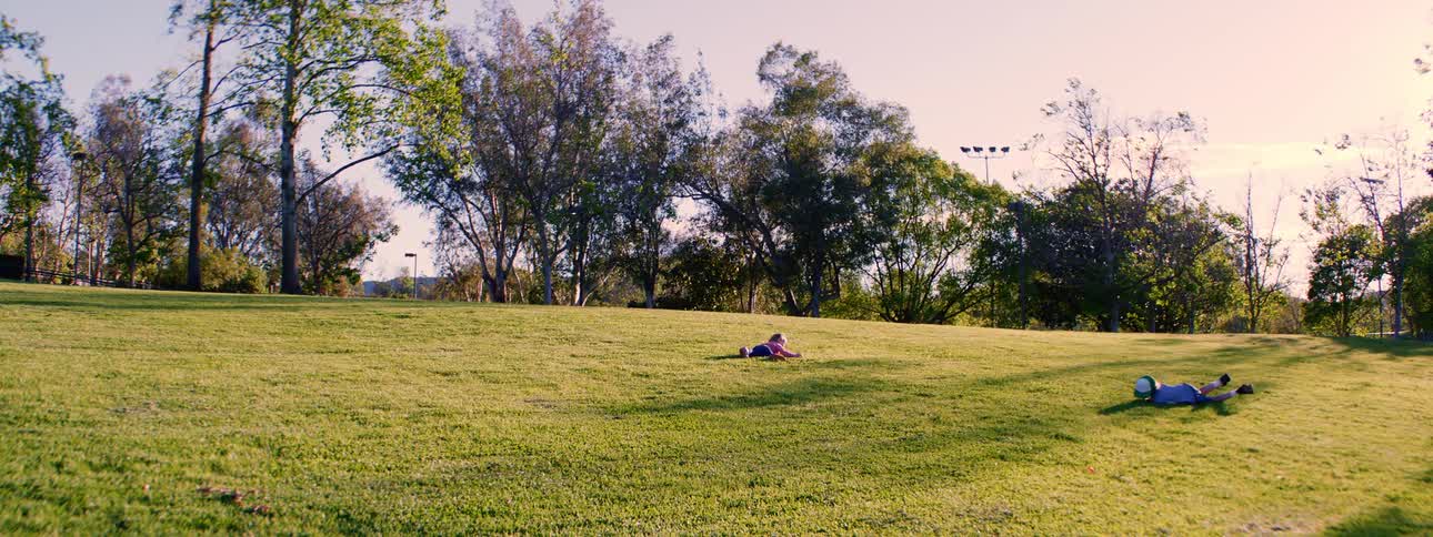 Carefree children and their little dog roll down a sun-drenched grassy hill in a park
