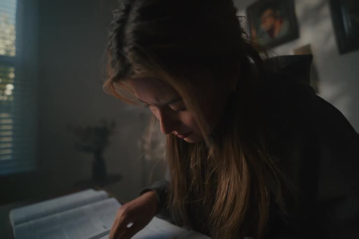 A focused young woman in a dimly lit room studies colorful electrical wires for a technical project