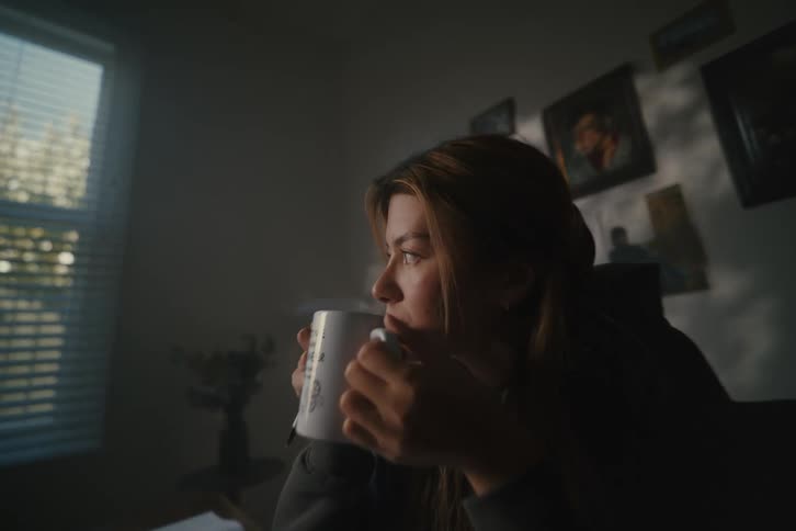 A thoughtful young woman takes a pensive break from studying, sipping a warm drink while gazing out the window in the morning sun