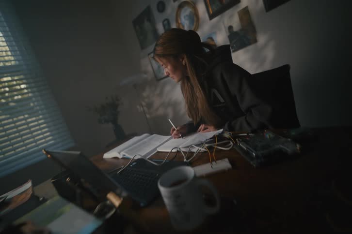 A focused young woman diligently studies at her desk in a dimly lit room, surrounded by books and electronics projects