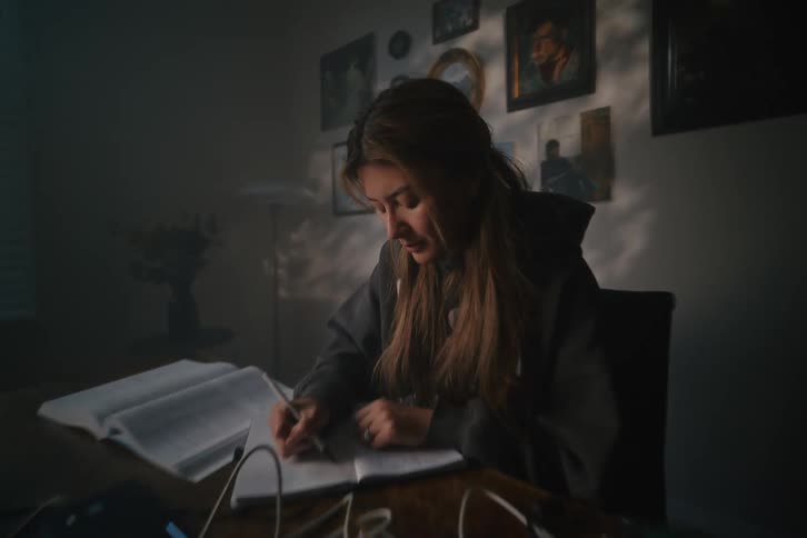 A focused female student diligently works on a STEM project at her desk as sunlight streams through the blinds, casting shadows on the wall