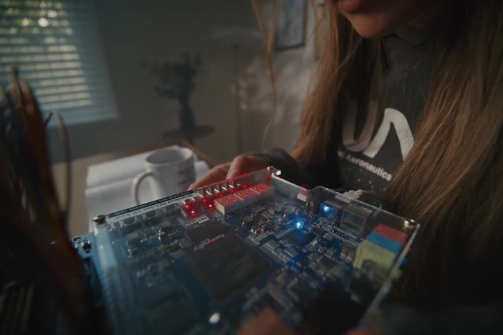 A young woman holds a complex circuit board with running red and blue LED lights in a moody, sunlit room