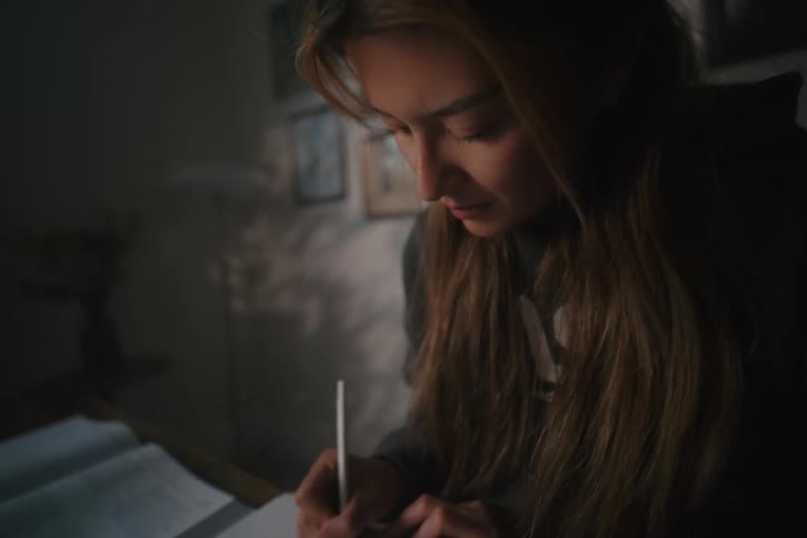A focused young woman studies late into the night at her desk, diligently taking notes by lamplight